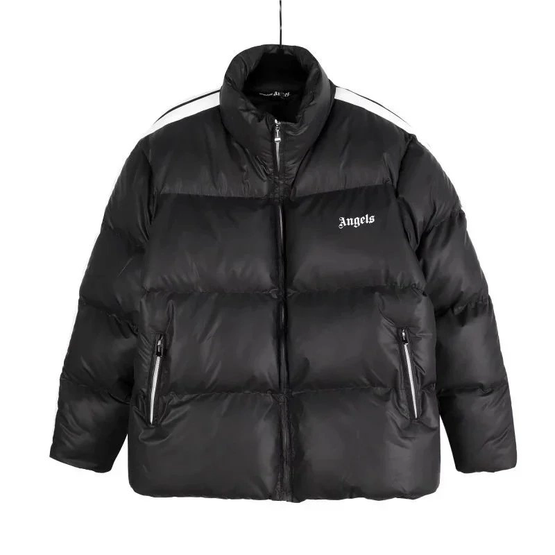 Palms Angels Black Puffer Jacket with White Stripe and Embroidered Logo