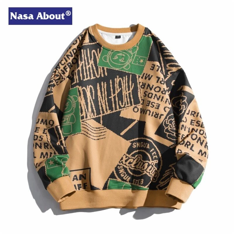 Nasa About Graphic Print Crewneck Sweater - Khaki Black Green