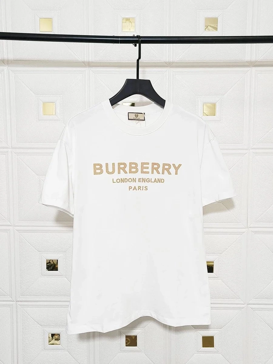Burberry White Cotton T-Shirt with Gold Logo Print