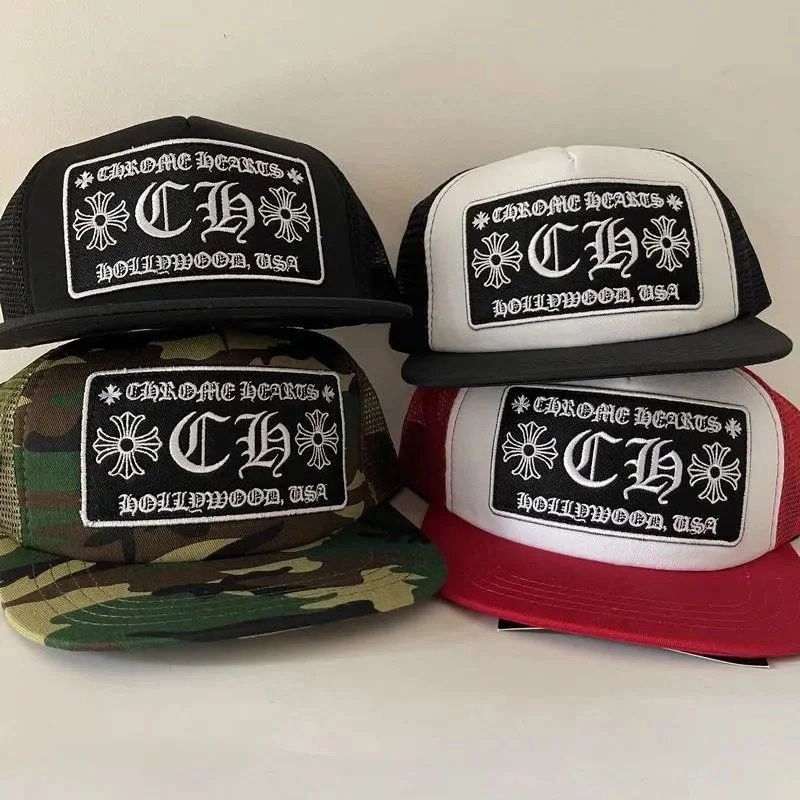 Chrome Hearts CH Logo Embroidered Trucker Hat Black White Camo Red