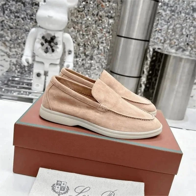 Loro Piana Weekend Loafer Beige Suede Slip-On with Stitch Detail