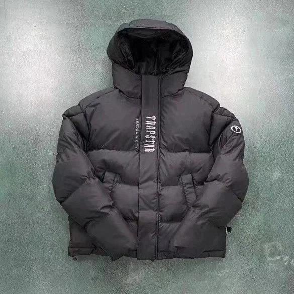 Trapstar Black Puffer Jacket with Vertical Logo and Hood