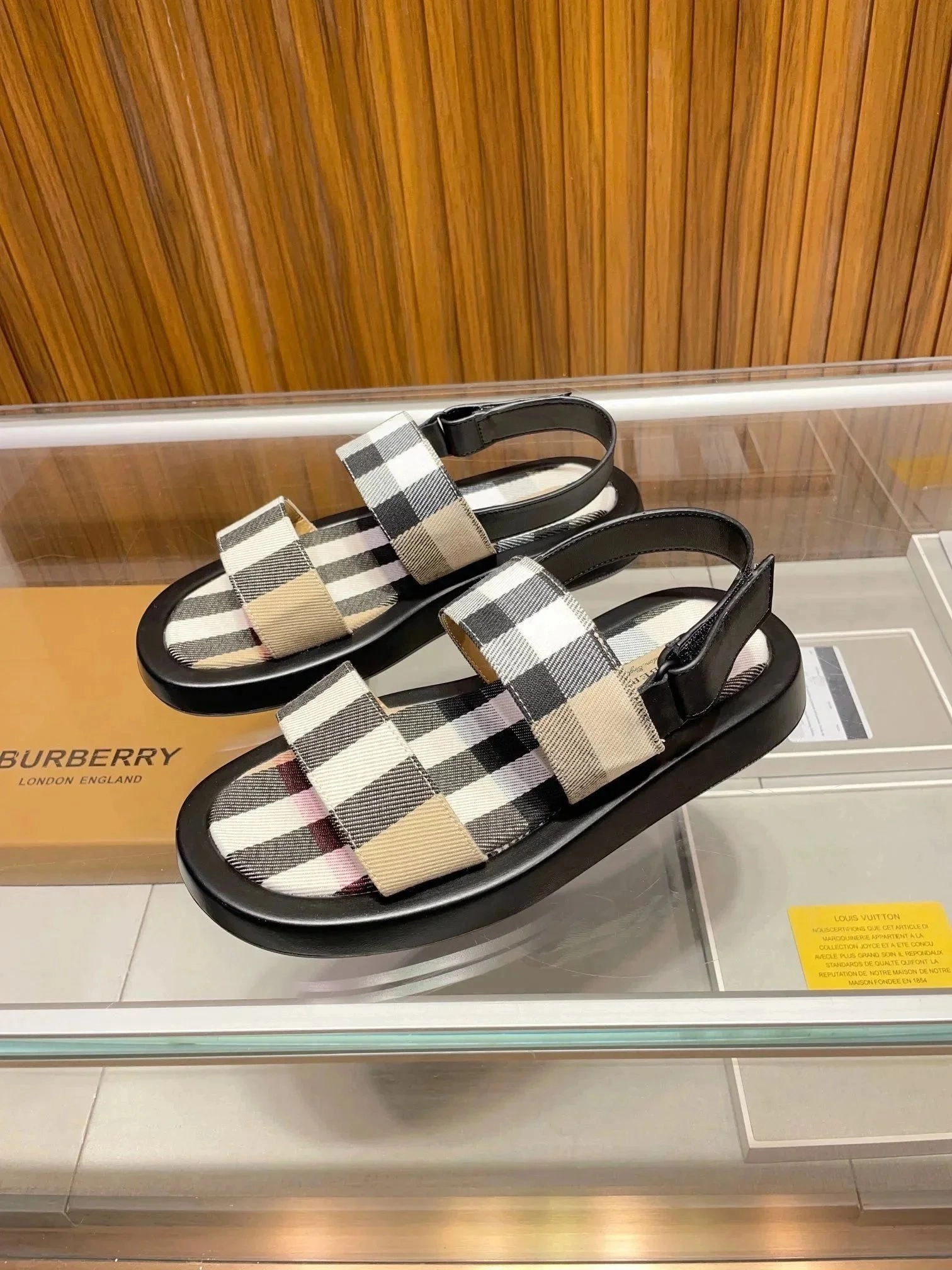 Burberry Vintage Check Strap Sandals Black Beige Plaid