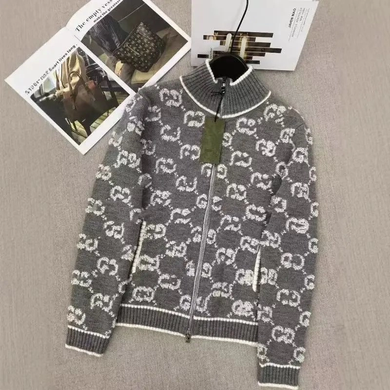 Gucci GG Monogram Knit Zip-Up Sweater - Gray with White Pattern