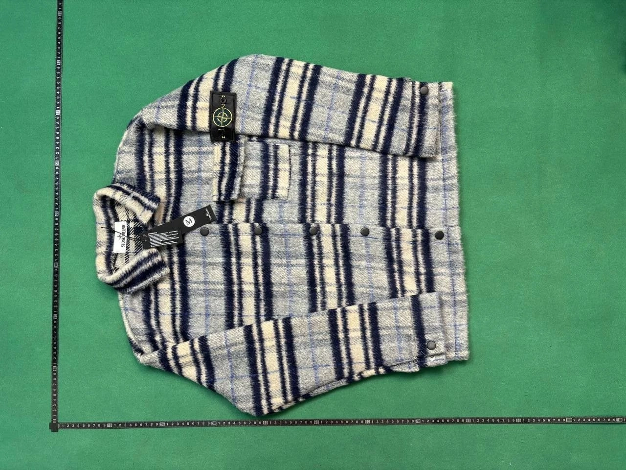 Stone Island Wool-Blend Plaid Shirt Jacket Navy-Cream Striped