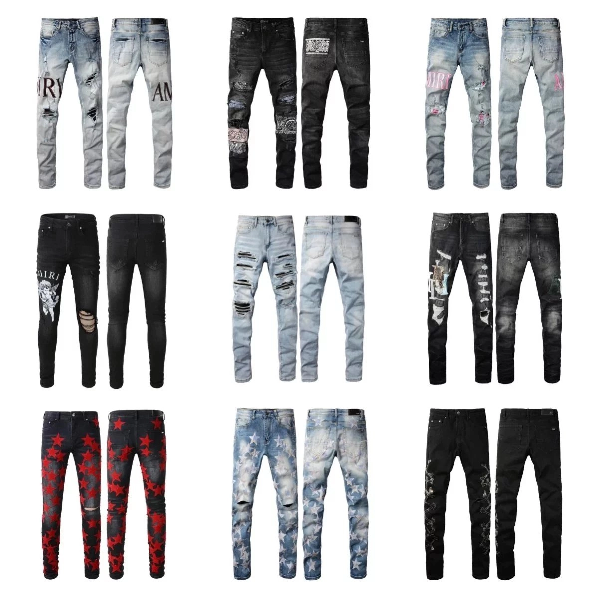 Amiri Distressed Denim Jeans with Red Star Print - Slim Fit