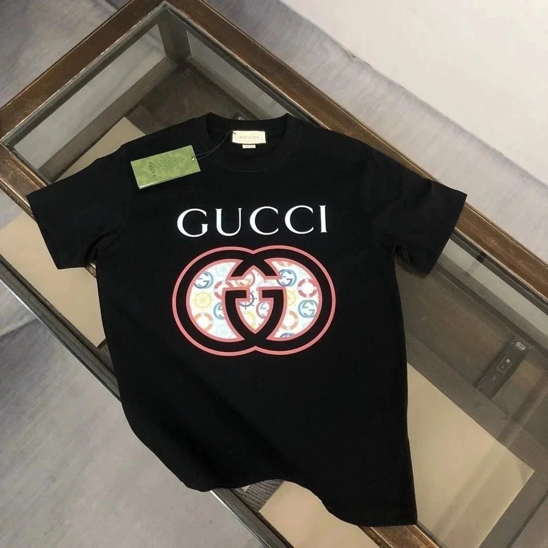 Gucci Black T-Shirt with Interlocking GG Logo and Multicolor Pattern