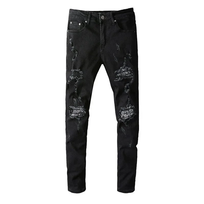Black Distressed Slim Fit Jeans with Strategic Rips