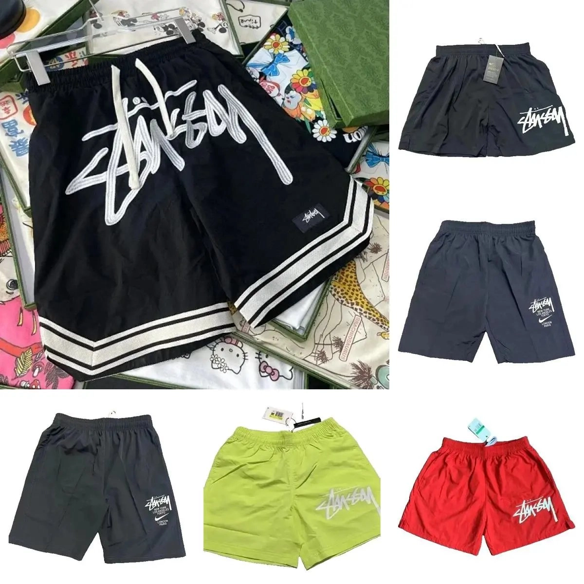 Stussy Stock Logo Volley Shorts - Black with White Stripes