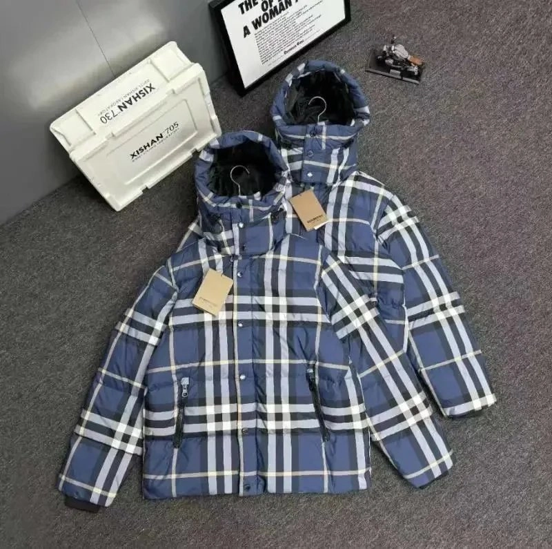 Burberry Blue White Black Check Puffer Jacket with Hood