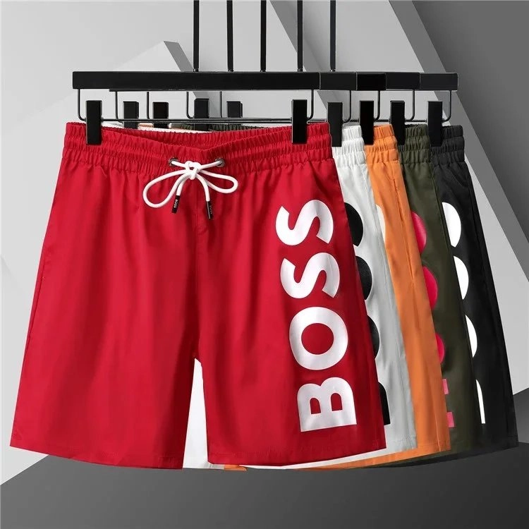 BOSS Logo Swim Trunks Red with White Drawstring and Bold Lettering