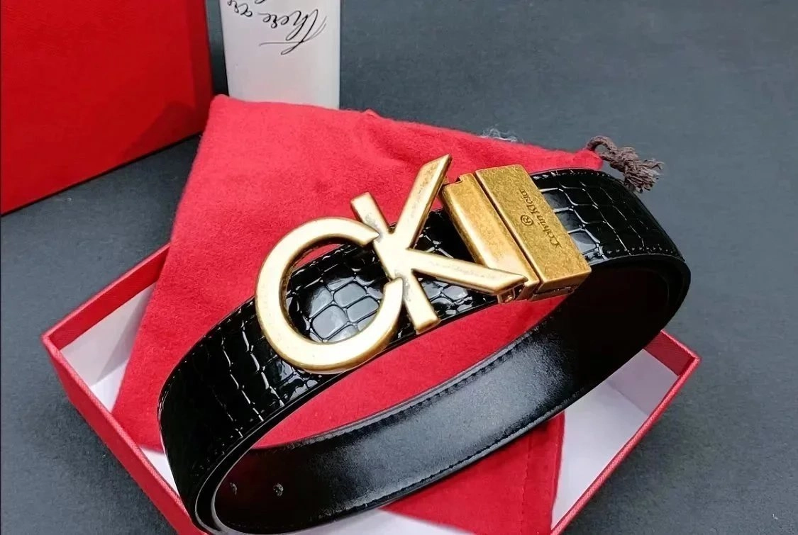 Calvin Klein CK Logo Buckle Belt - Black Croc-Embossed Leather