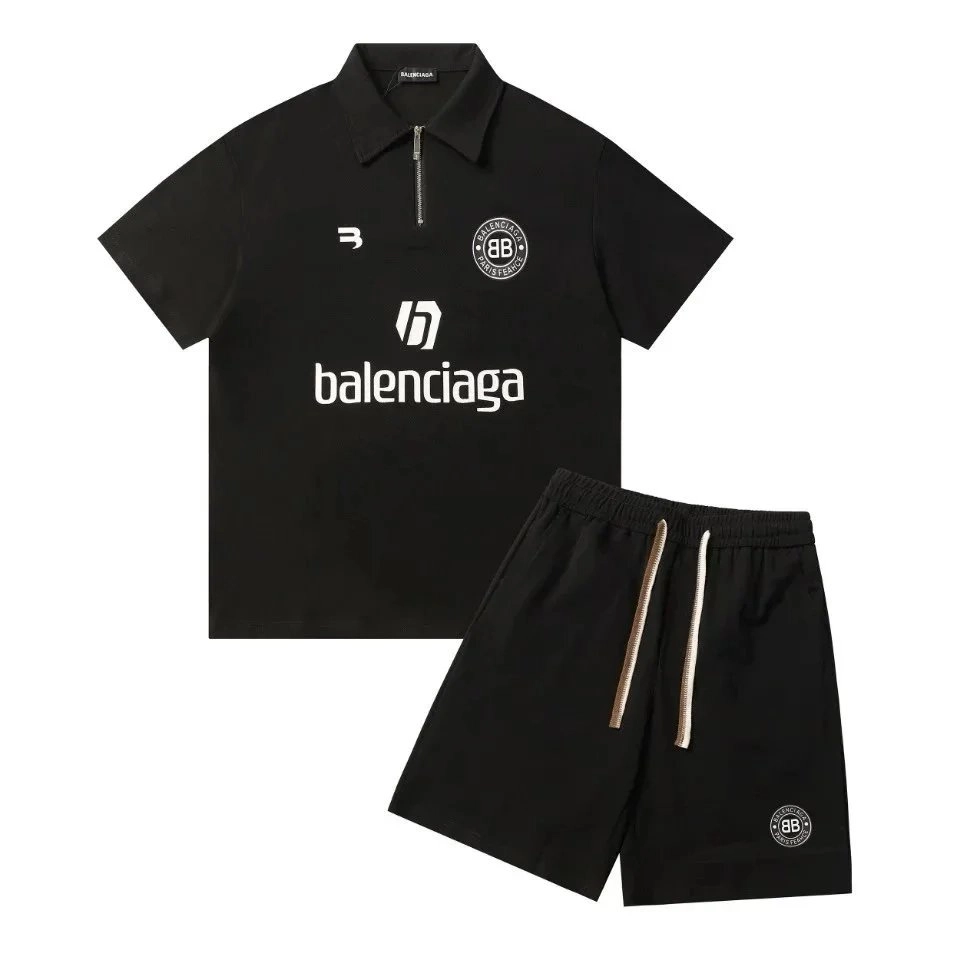 Balenciaga BB Logo Zip Polo Shirt and Shorts Set Black