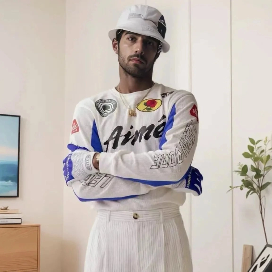 Aim&eacute; Leon Dore Racing Long-Sleeve Jersey White-Blue Rose Patch