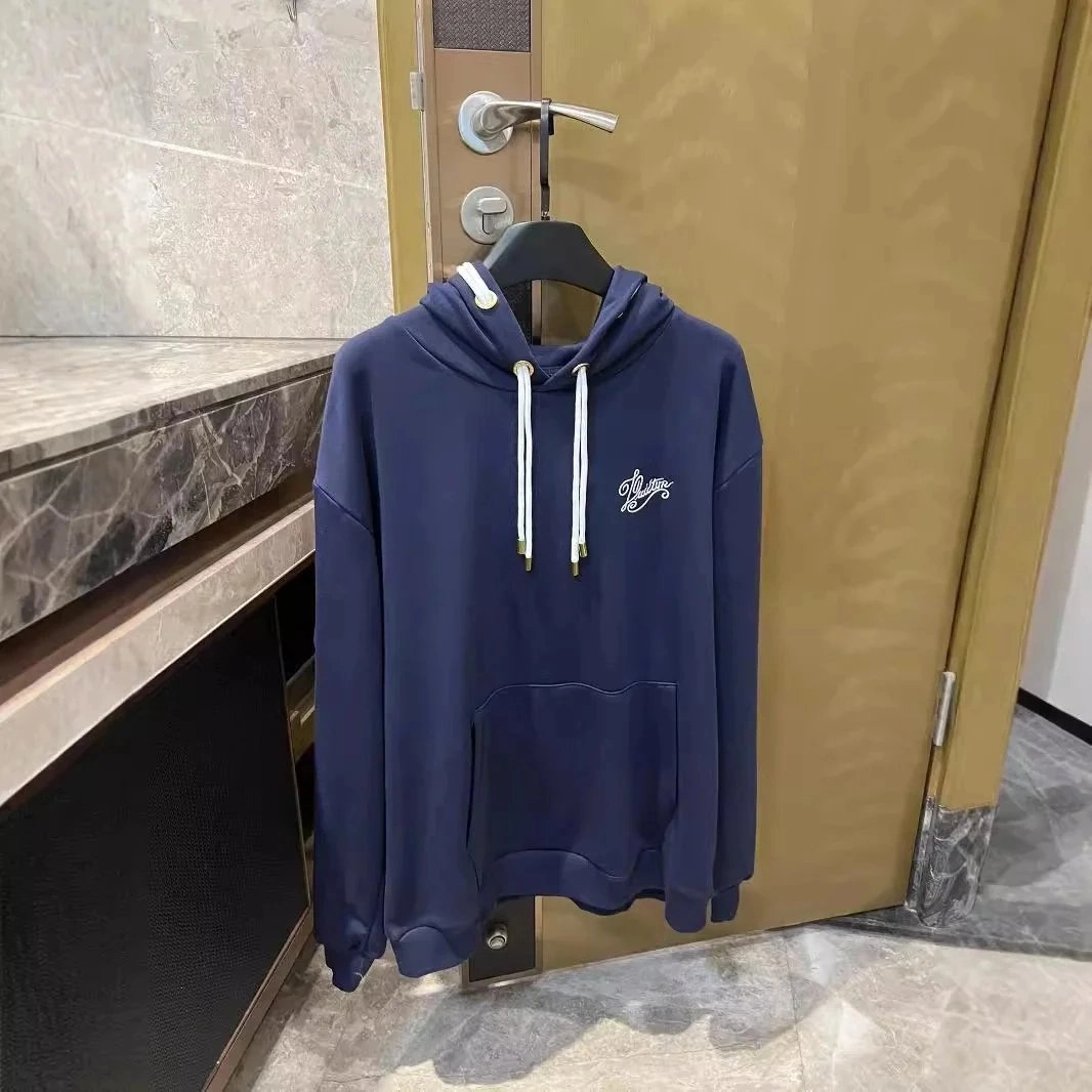 Louis Vuitton Navy Blue Hoodie with White Script Logo and Drawstrings