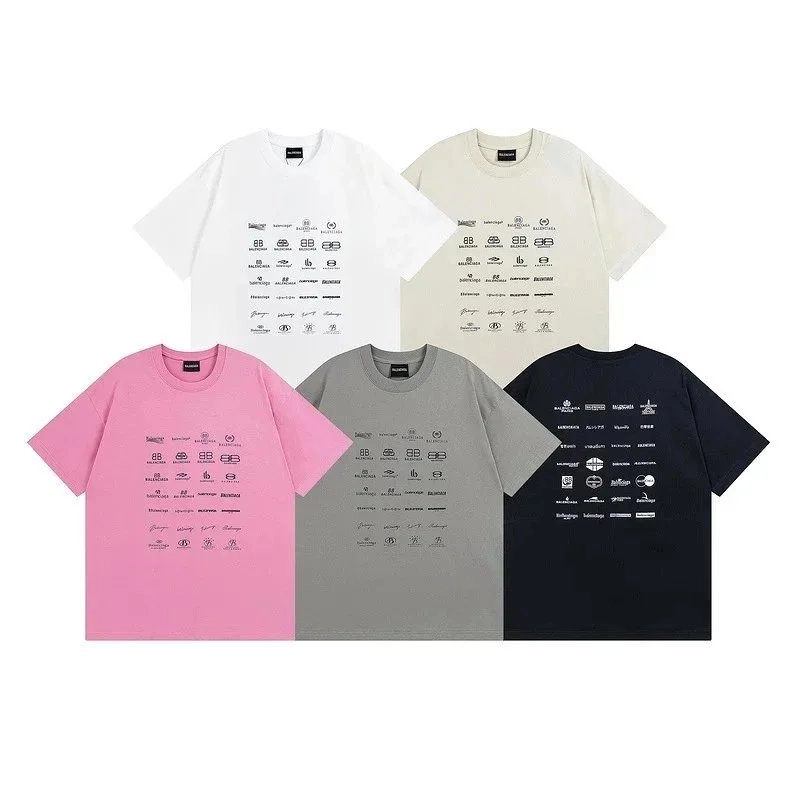 Balenciaga Logo Grid Print Cotton T-Shirt - Pink