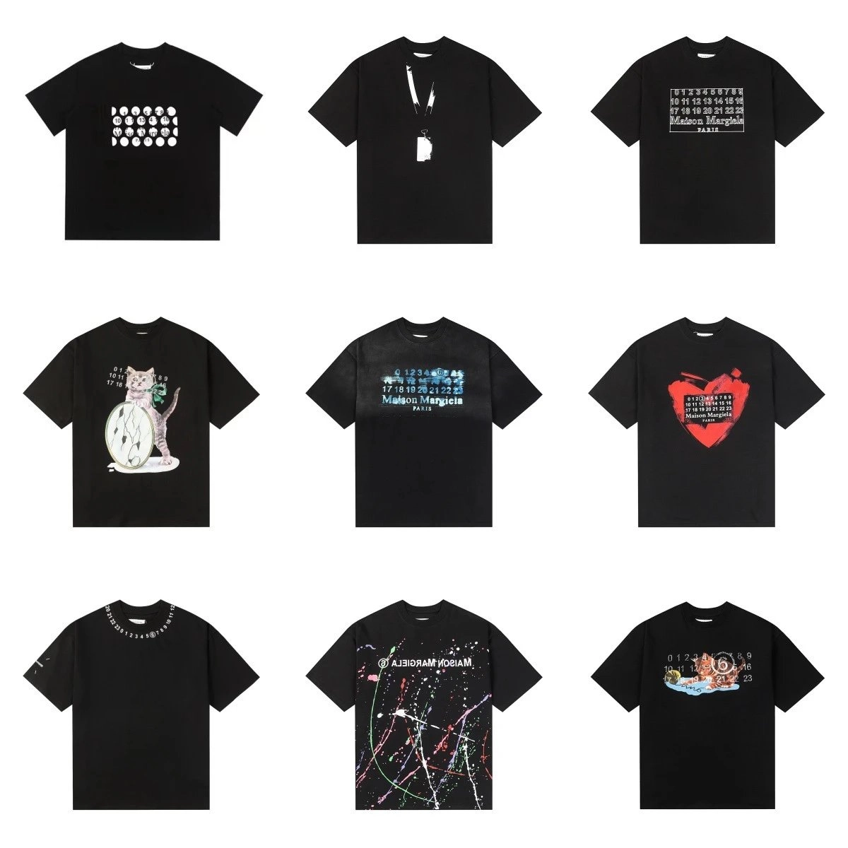 Maison Margiela Black T-Shirt with Cat and Clock Graphic Print
