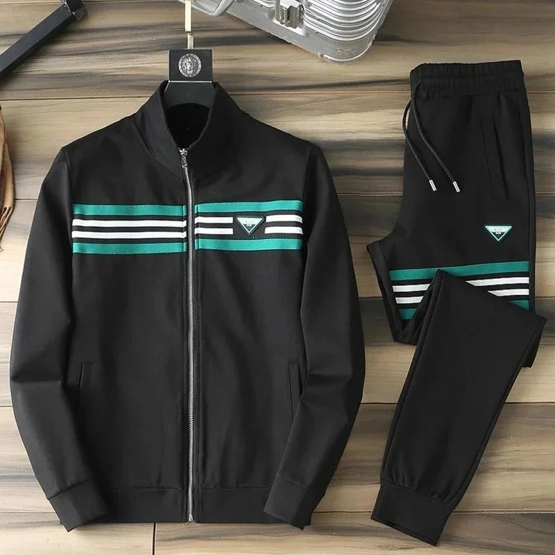 Prada Black Track Suit with Teal-White Stripes and Logo Patch