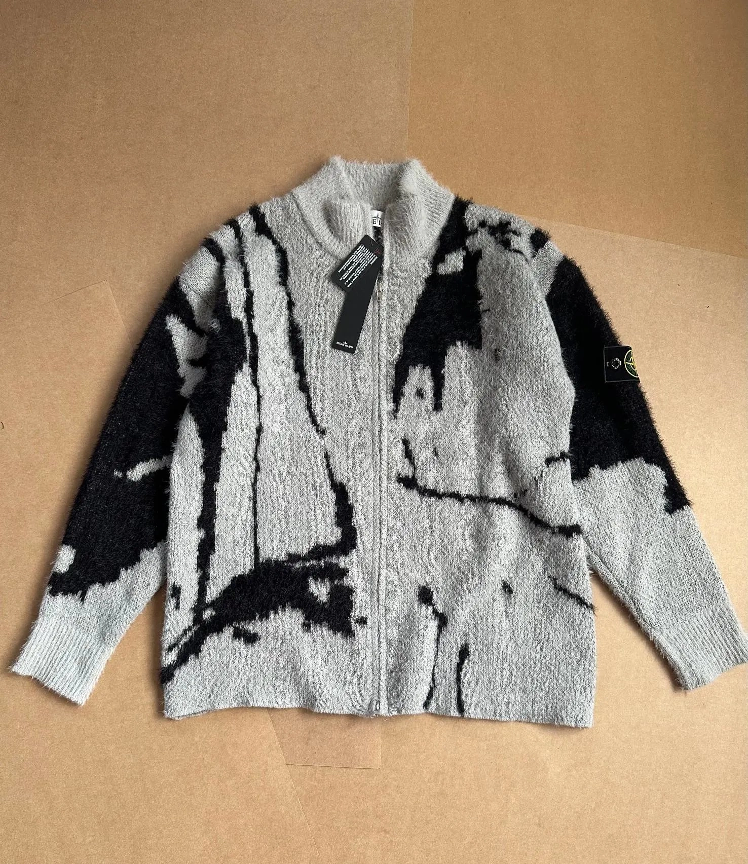 Stone Island Fuzzy Knit Zip-Up Sweater with Abstract Black Pattern