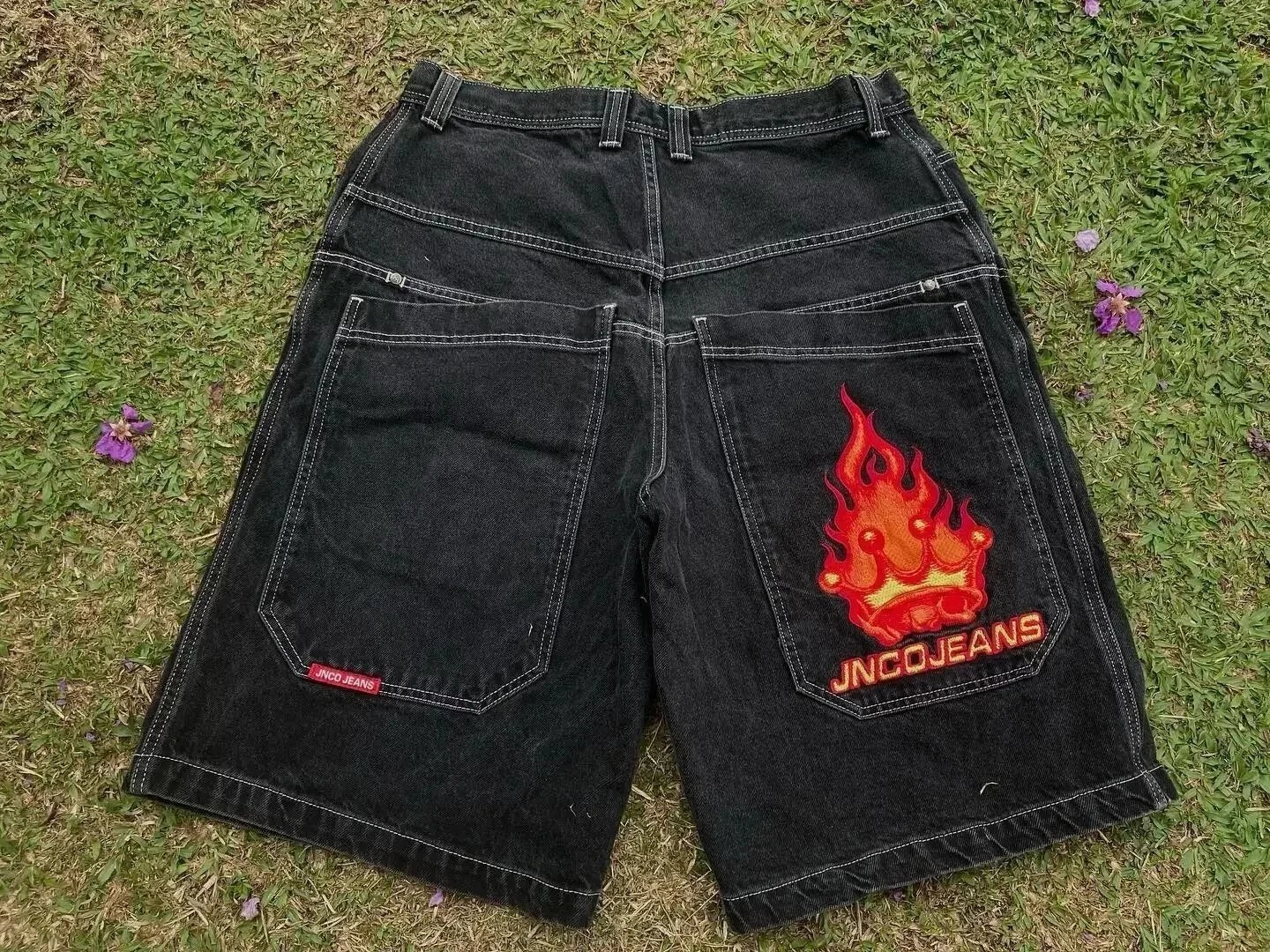 JNCO Jeans Black Denim Shorts with Flame Embroidery Patch