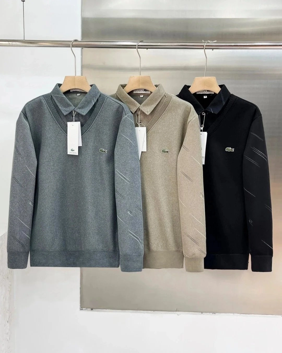 Lacoste Classic Collar Sweater with Diagonal Stitching - Gray