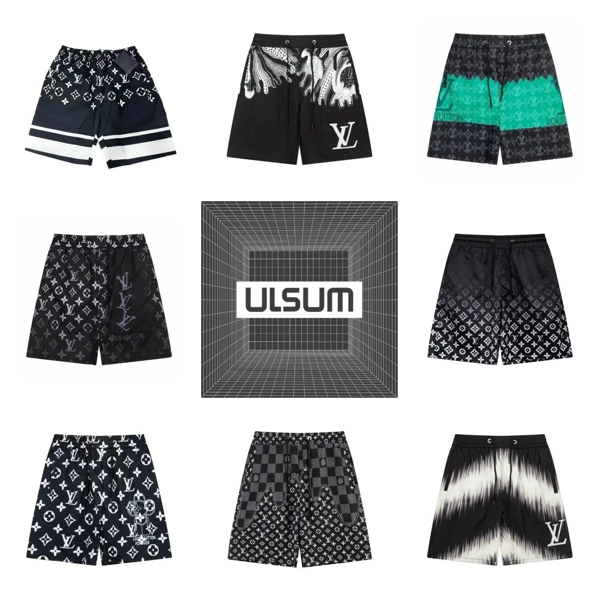 Louis Vuitton Monogram Swim Trunks with White Stripes and Logo
