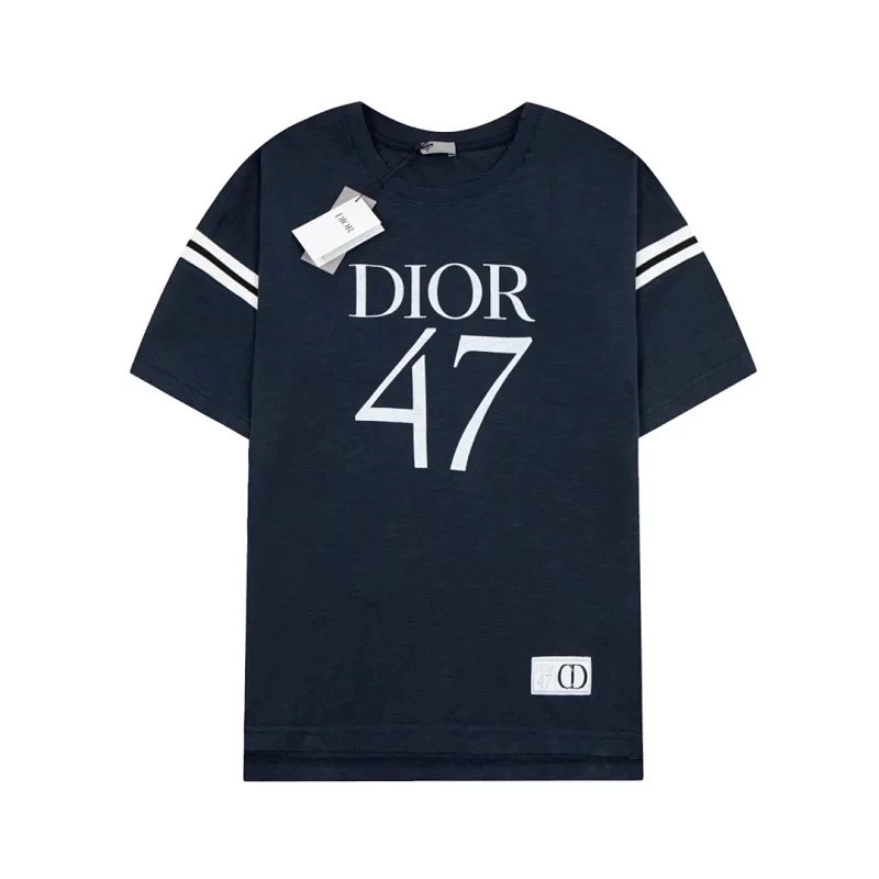 Dior 47 Navy Blue Graphic T-Shirt with Striped Sleeves