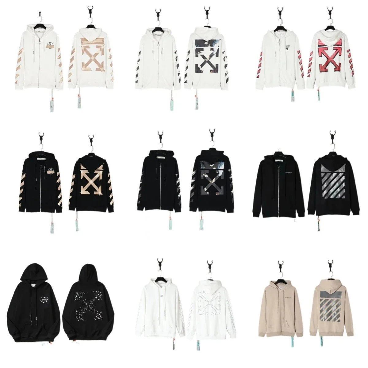 Off-White Diag Arrow Zip-Up Hoodie White Beige Striped Sleeve