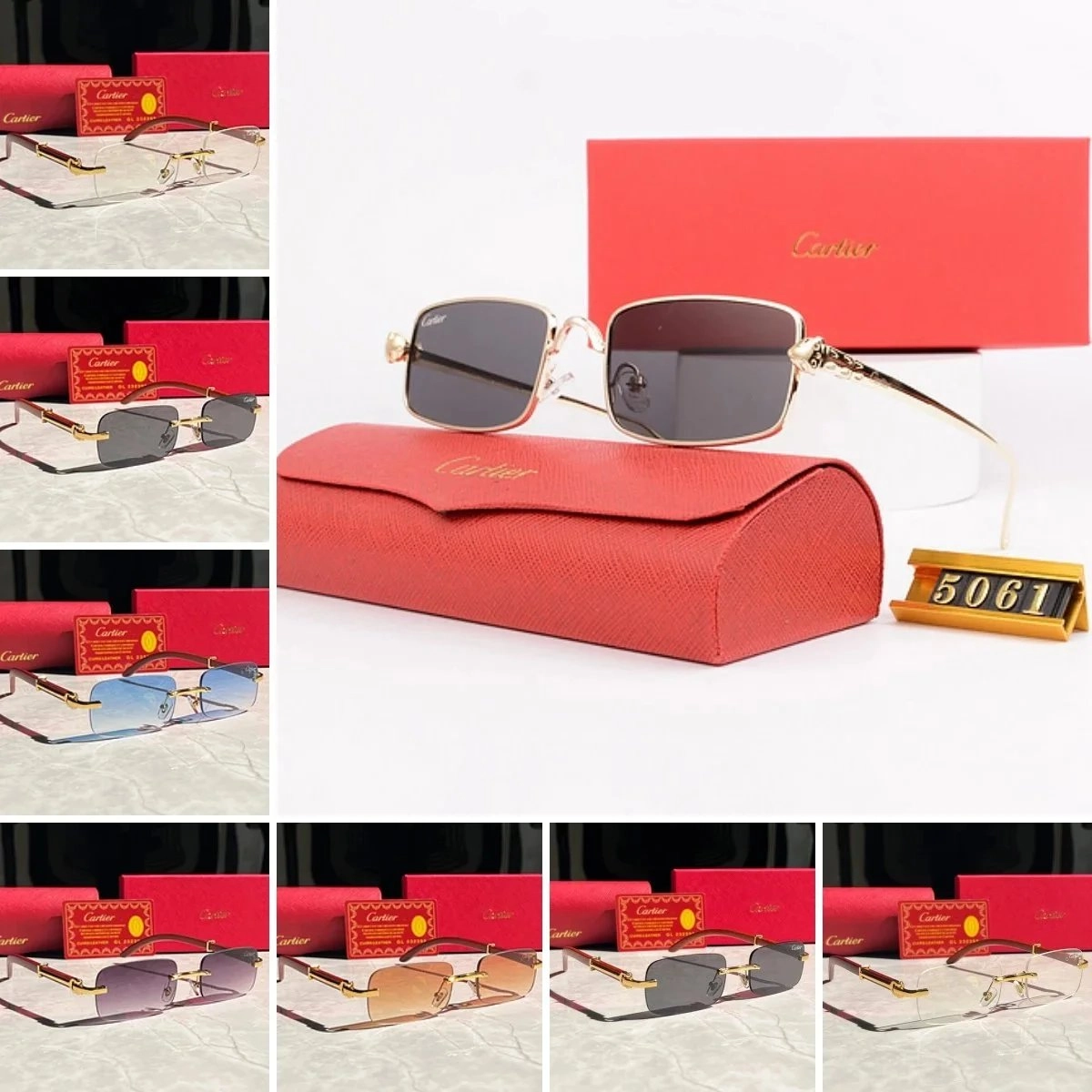 Cartier Santos Rectangle Rimless Sunglasses Gold Frame Gray Lens