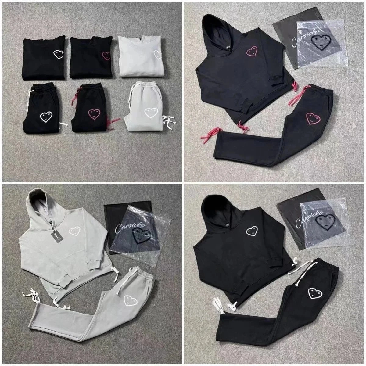 Carsicko Heart Embroidery Hoodie and Jogger Set Black White Gray