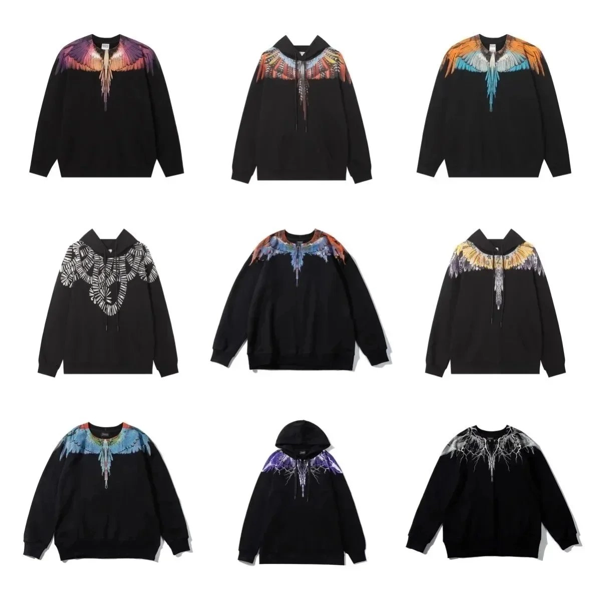 Marcelo Burlon Black Hoodie with Multicolor Wing Print