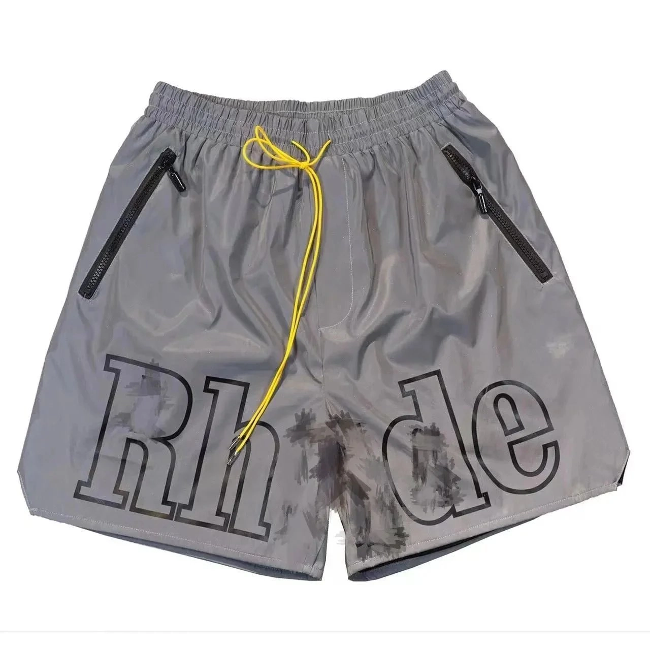 Rhude Reflective Gray Shorts with Yellow Drawstring and Zip Pockets