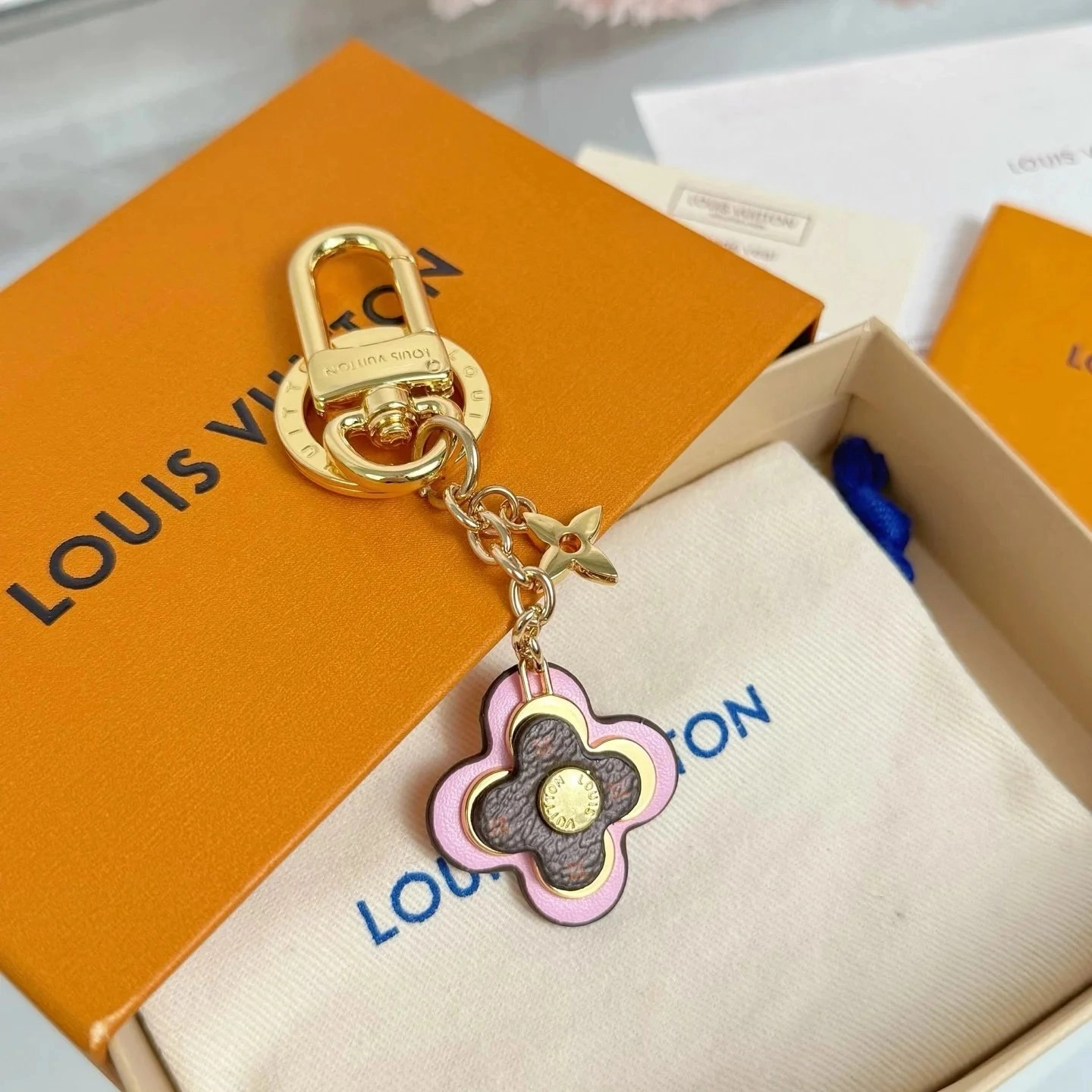 Louis Vuitton Monogram Flower Keychain Pink Gold Hardware