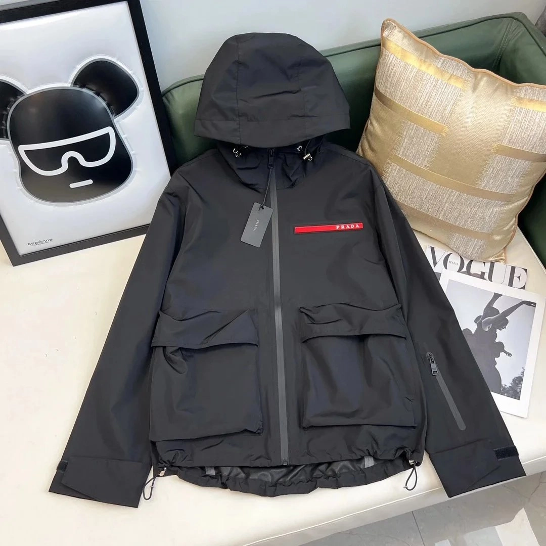 Prada Re-Nylon Hooded Jacket Black with Red Logo Tape