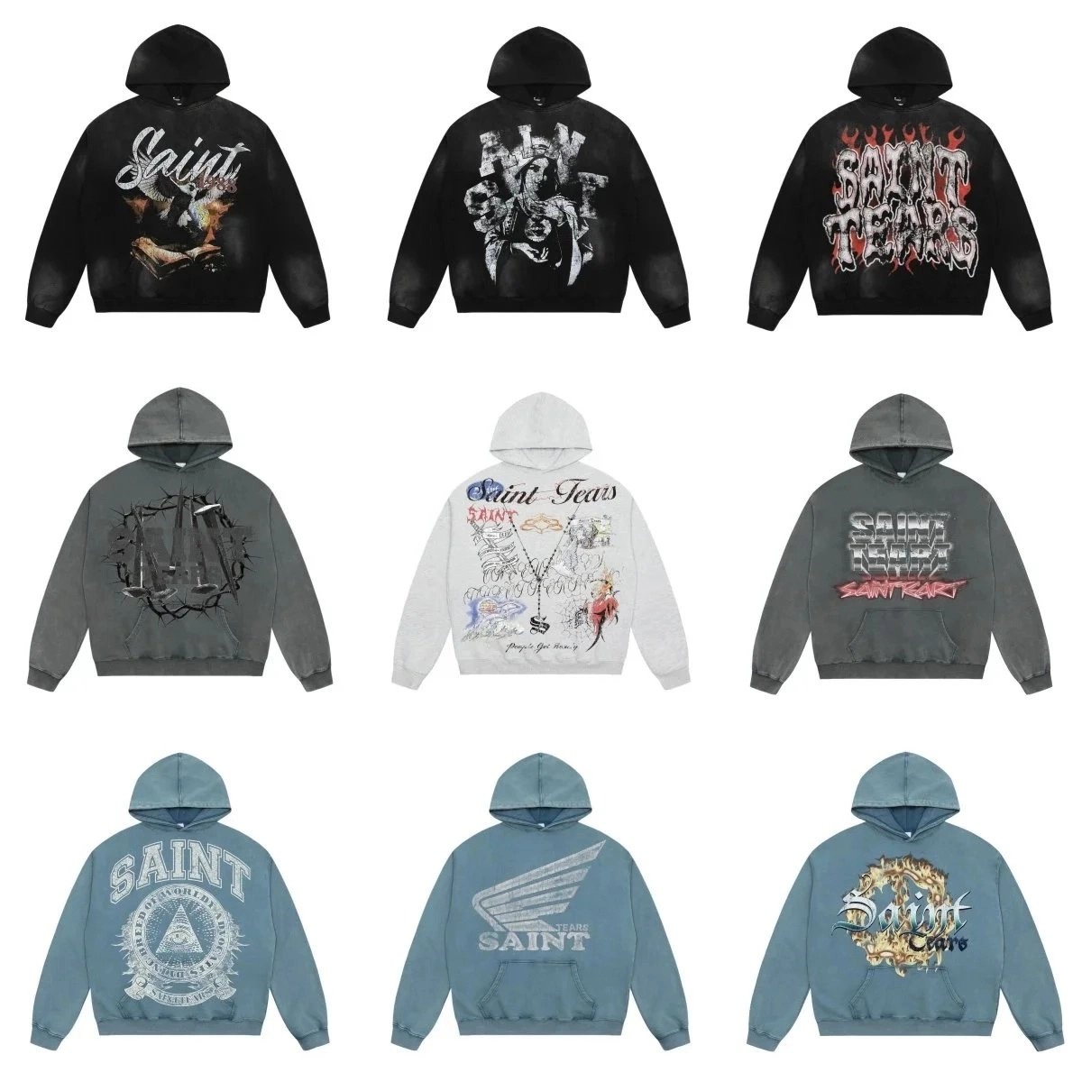 Saint Tears Distressed Black Hoodie with Flame Graphic