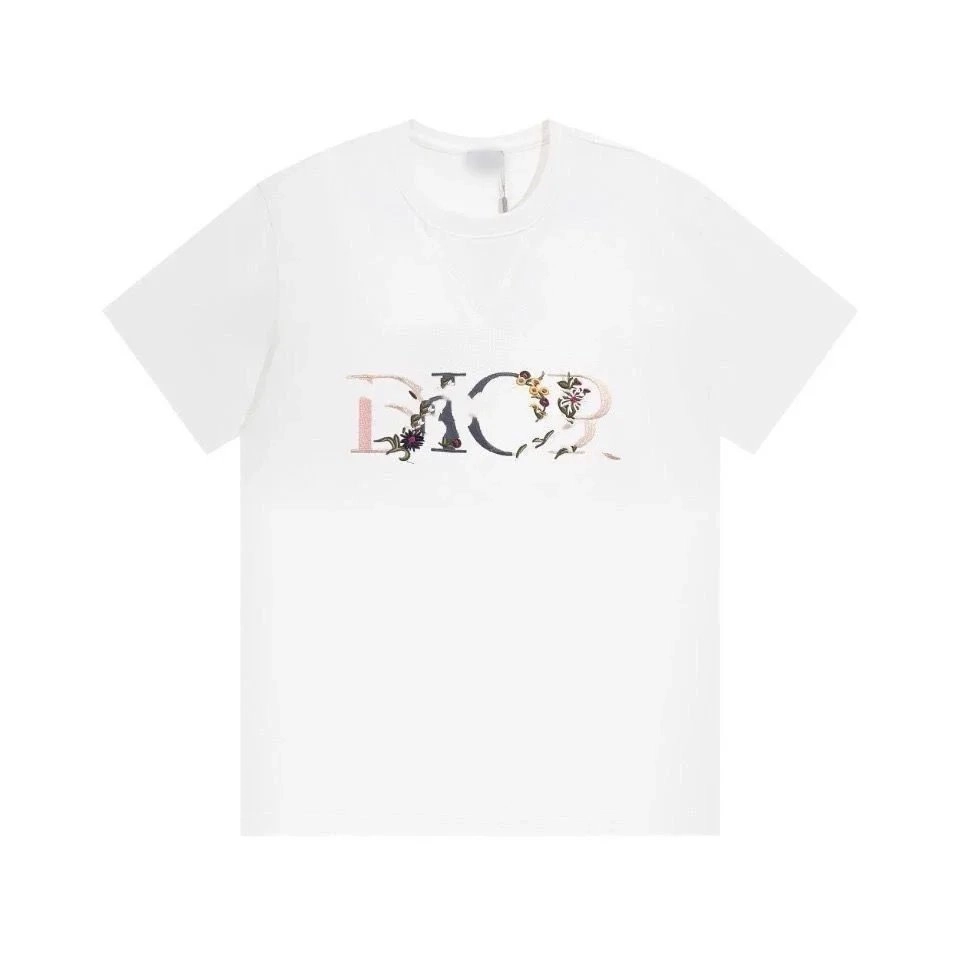 Dior White T-Shirt with Floral Embroidered Logo