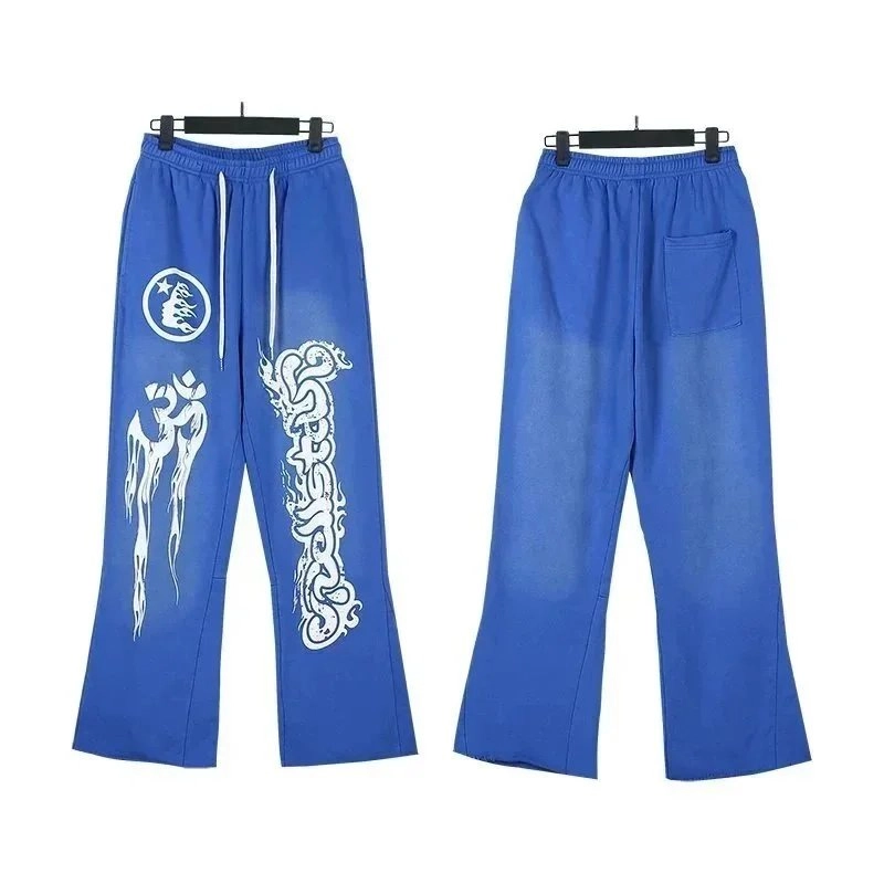 Blue Gradient Sweatpants with White Om and Dragon Print