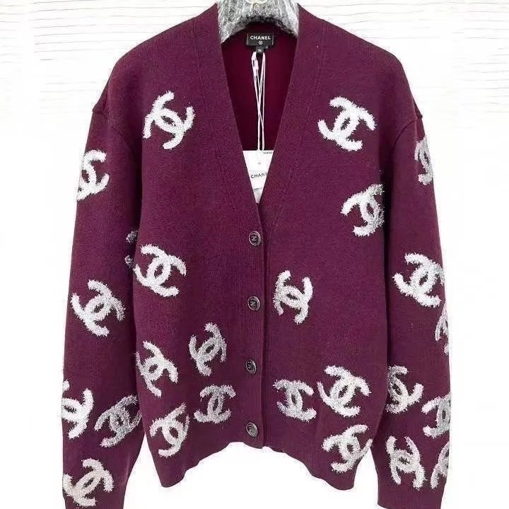 Chanel CC Logo Knit Cardigan Sweater - Deep Burgundy