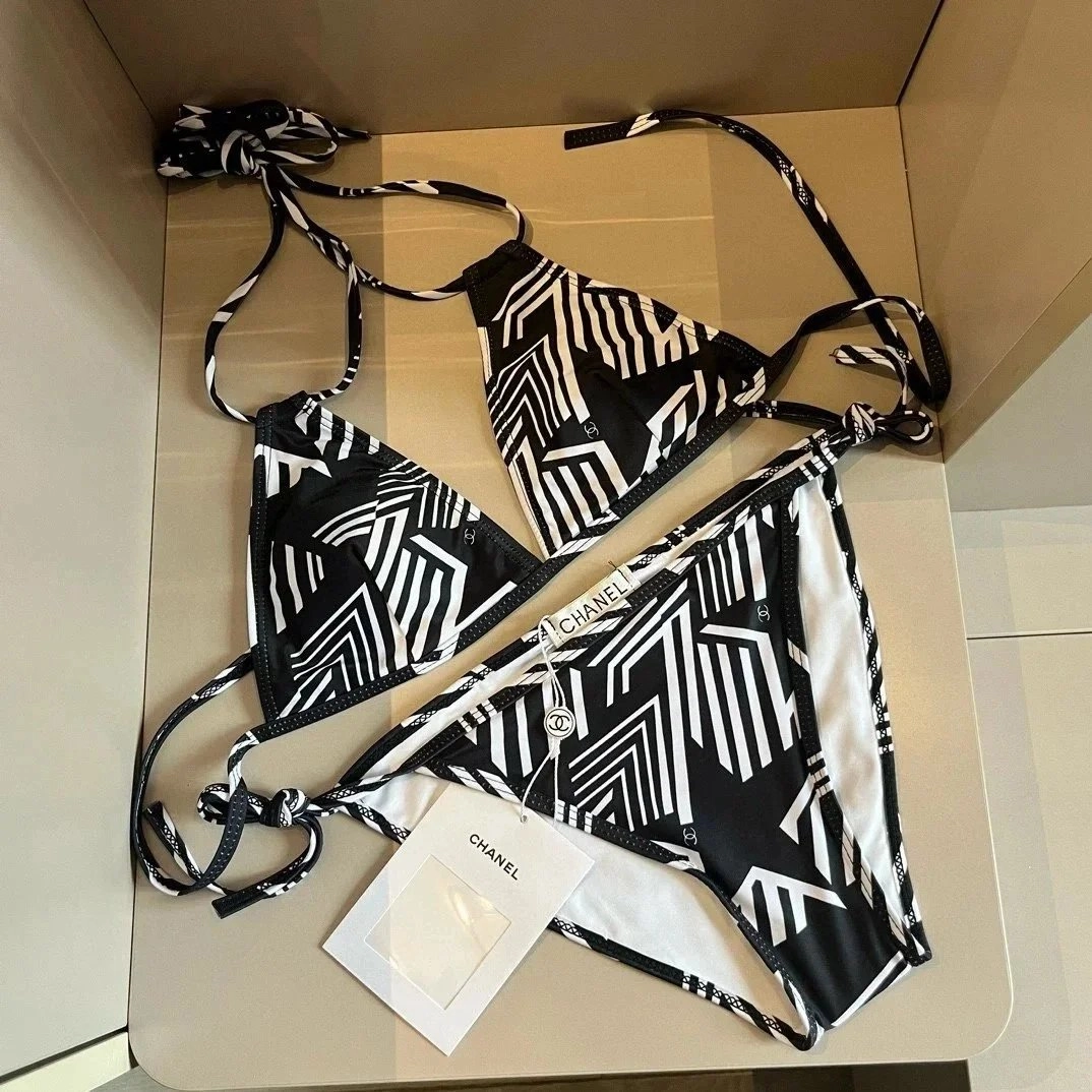Chanel Geometric Print Triangle Bikini Set Black White