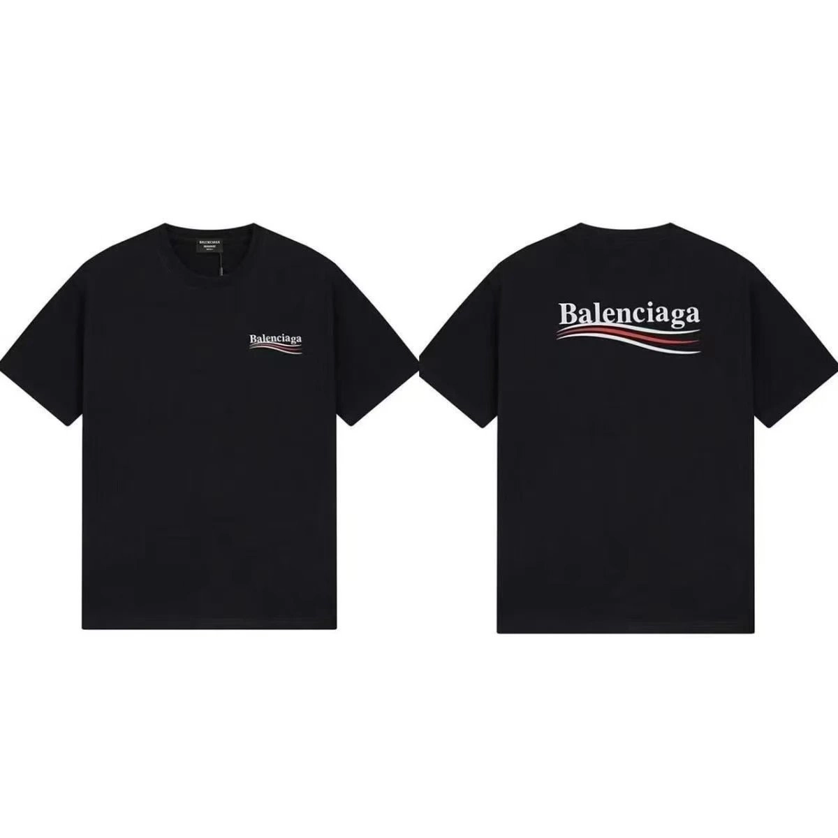 Balenciaga Logo Wave Print Black T-Shirt Front and Back Design