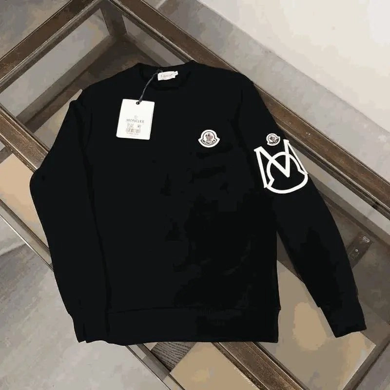 Moncler Black Crewneck Sweater with Logo Patch and Sleeve Graphic