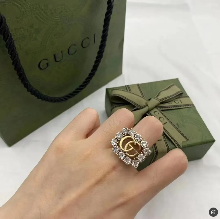 Gucci Double G Crystal Square Ring Gold Green