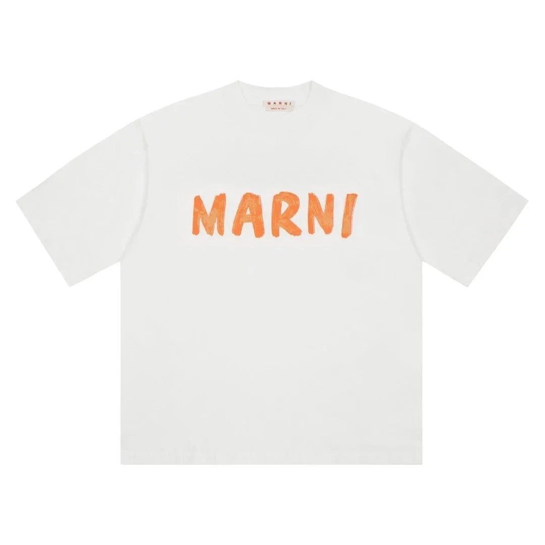 Marni Oversized White T-Shirt with Orange Brushstroke Logo