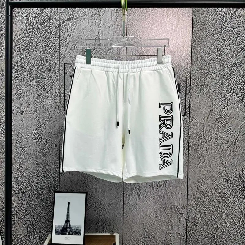 Prada Logo-Print White Drawstring Shorts with Side Stripes