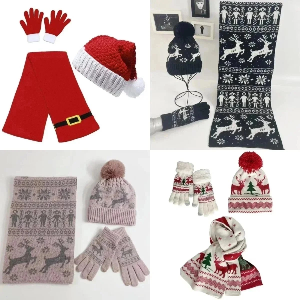 Santa Hat Scarf Gloves Set Red White Belted Christmas Ensemble