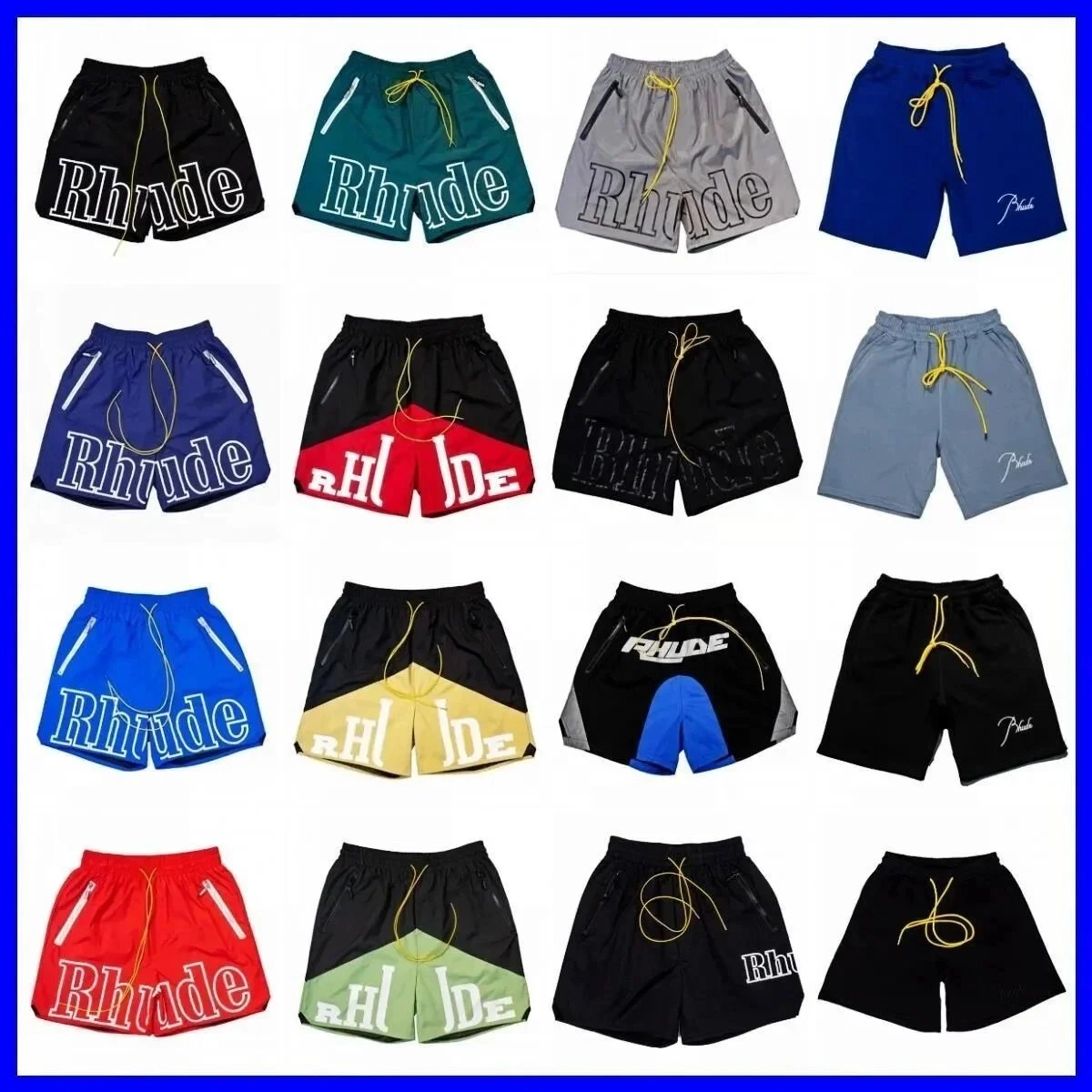 Rhude Logo-Print Performance Shorts - Black with Yellow Drawstring