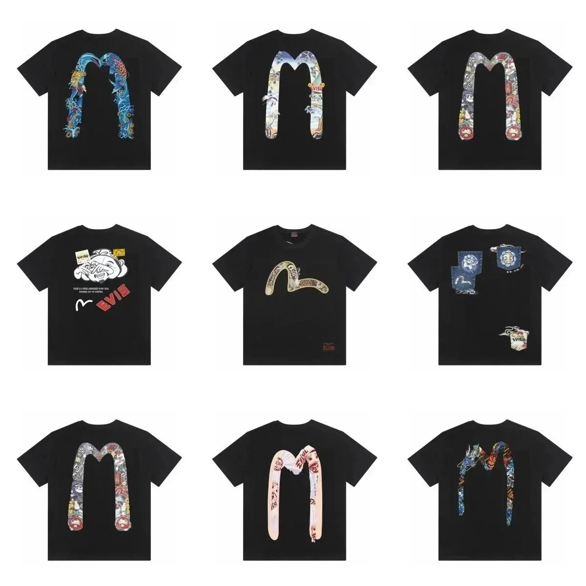 EVISU M-Logo Graphic Tee Black with Japanese Folk Art Print