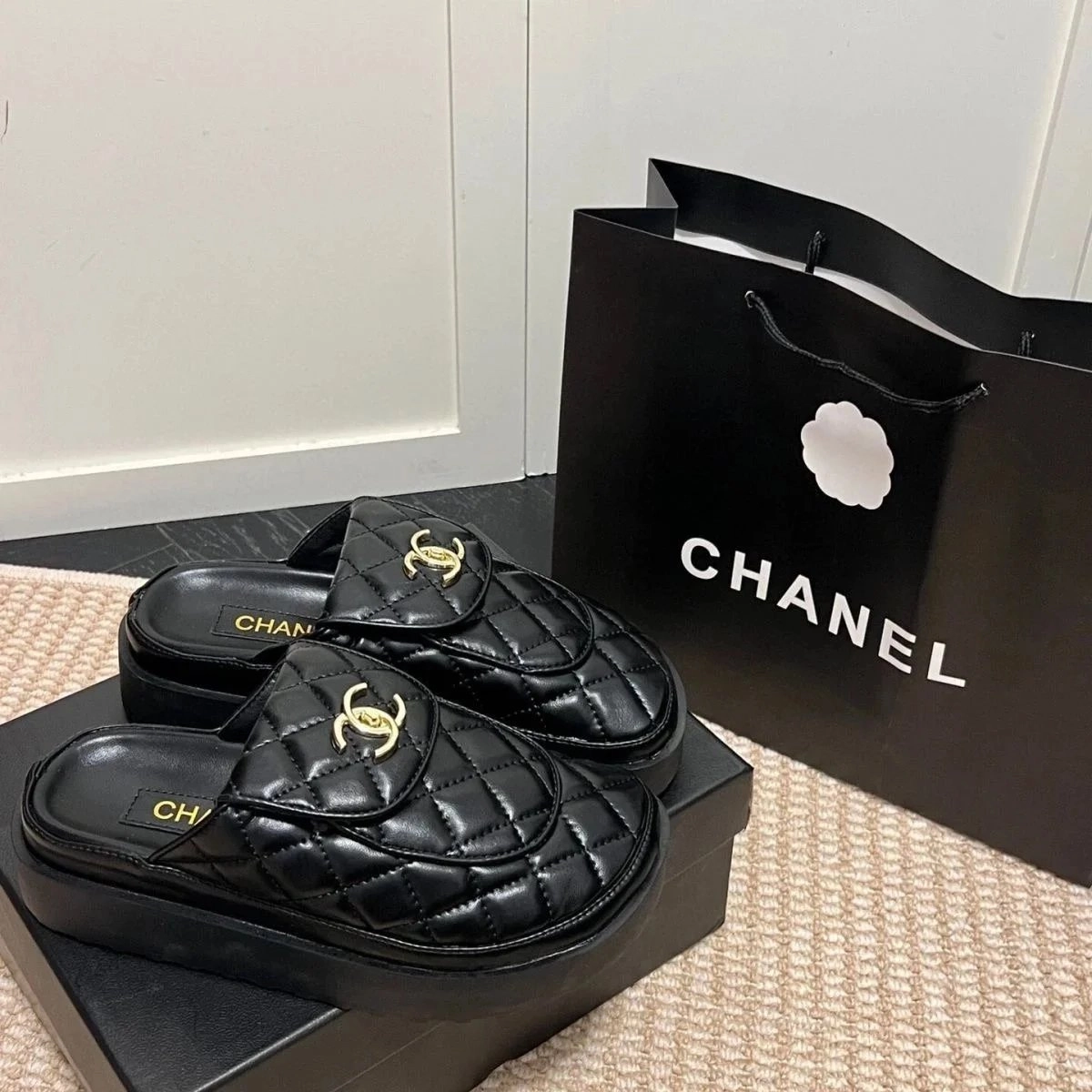Chanel Quilted Leather CC Logo Platform Slides Black