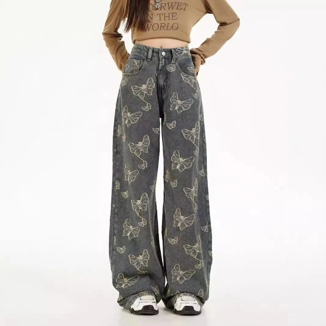 Butterfly-Print Wide-Leg Denim Pants - Dark Wash
