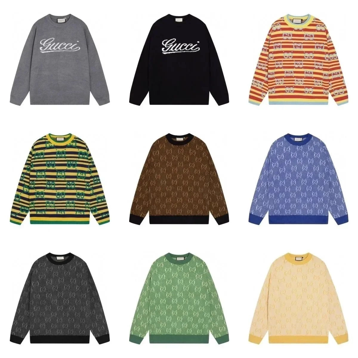Gucci GG Pattern Knit Sweater in Beige with Yellow Trim
